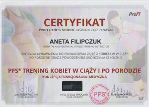 Certyfikat ze szkolenia Aneta Filipczuk - PFS Trening kobiet w Ciąży i po porodzie