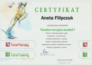 Certyfikat ze szkolenia Aneta Filipczuk - Wiedza i umiejętności w zakresie diagnostyki, leczenia i profilaktyki schorzeń: miednicy, kręgosłupa i czaszki
