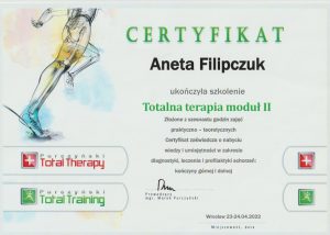 Certyfikat ze szkolenia Aneta Filipczuk - Wiedza i umiejętności w zakresie diagnostyki, leczenia i profilaktyki schorzeń: kończyny górnej i dolnej